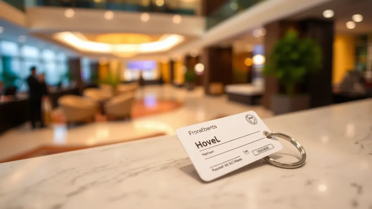 Generic image of a hotel key card on a reception desk, with a blurred background of a bustling hotel lobby.