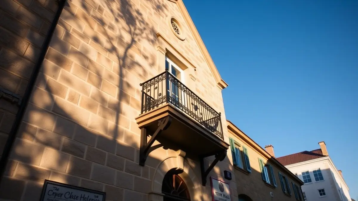 Facade of Altea town hall with balconies and iron railings, bathed in the afternoon sunlight.