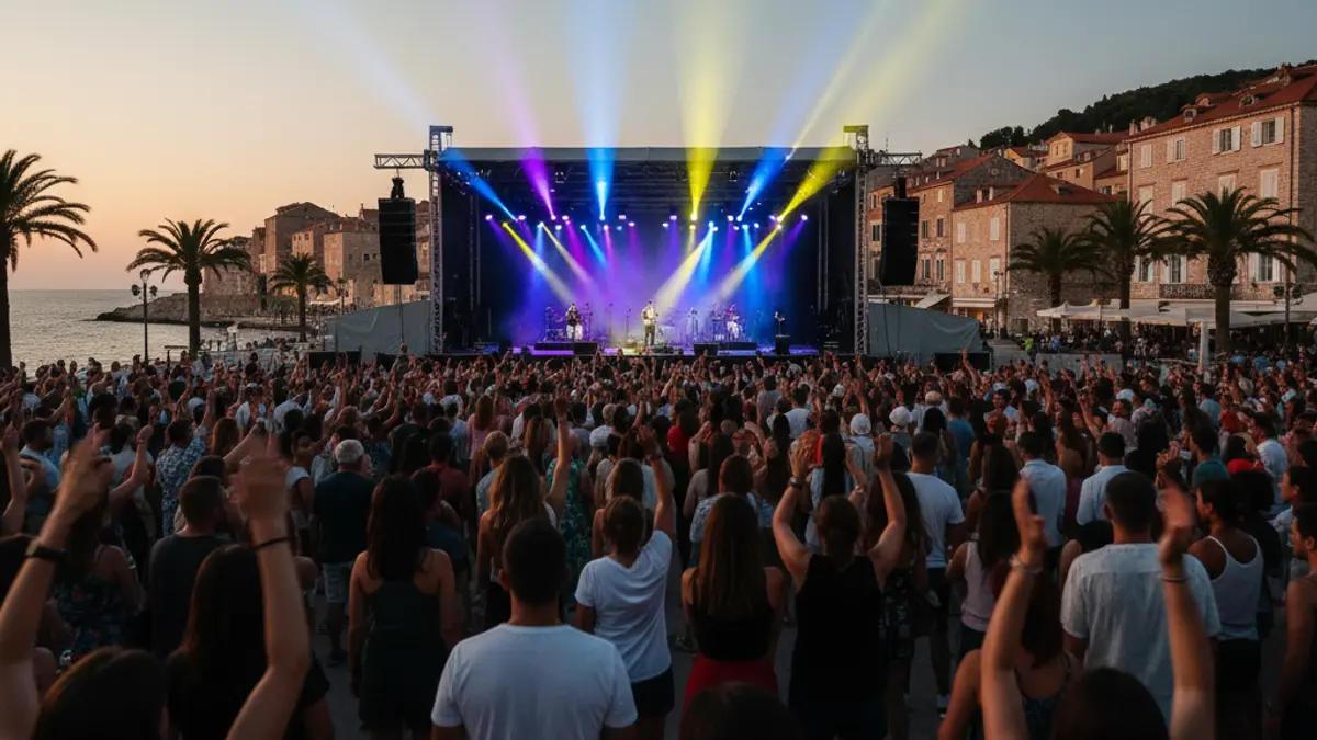 Generic image of a live concert with bright lights and an enthusiastic crowd.