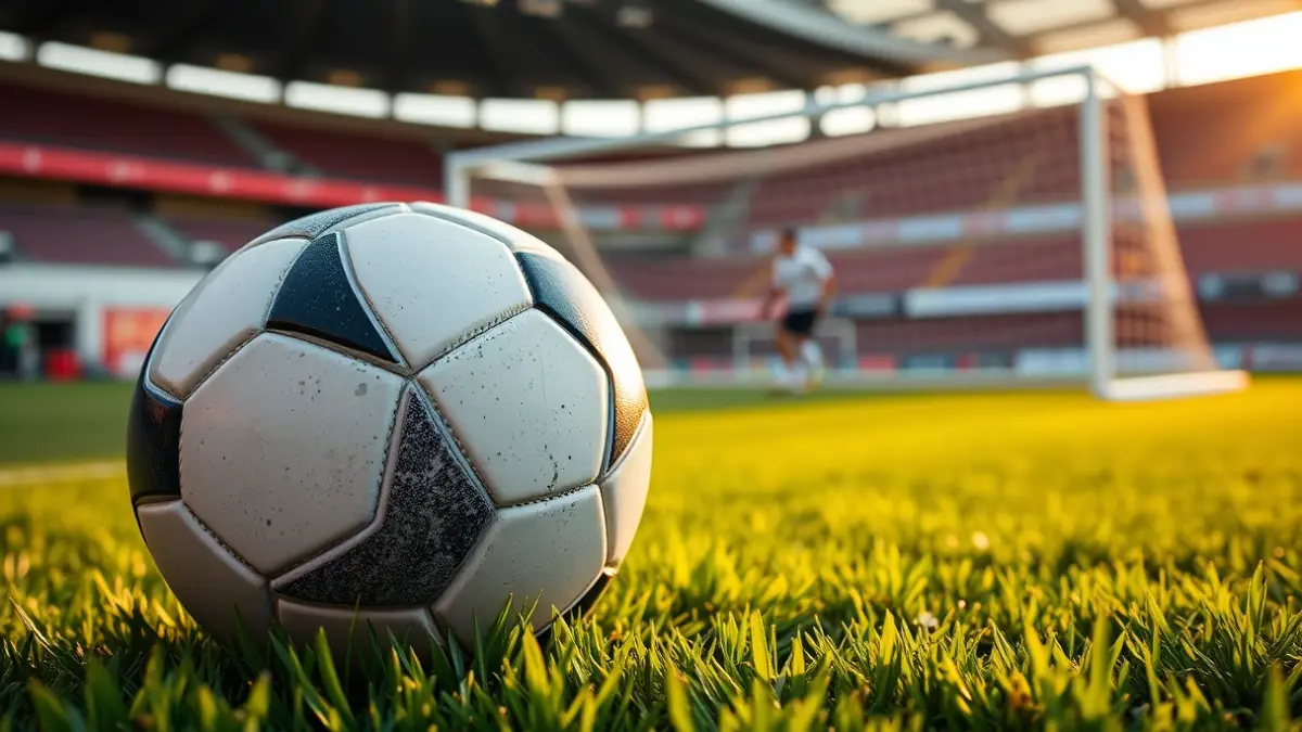Imatge genèrica d'una pilota de futbol sobre la gespa d'un camp, amb la porteria desenfocada al fons.