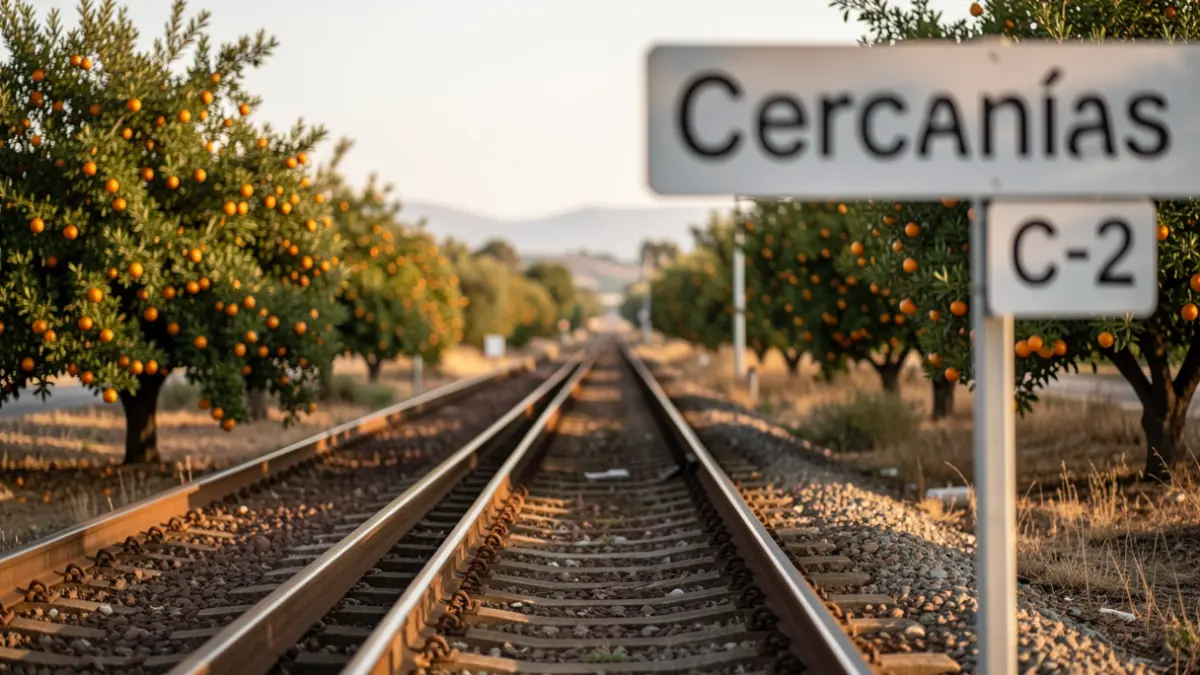 Imatge genèrica de vies de tren amb un senyal de rodalies C-2 en un paisatge mediterrani.