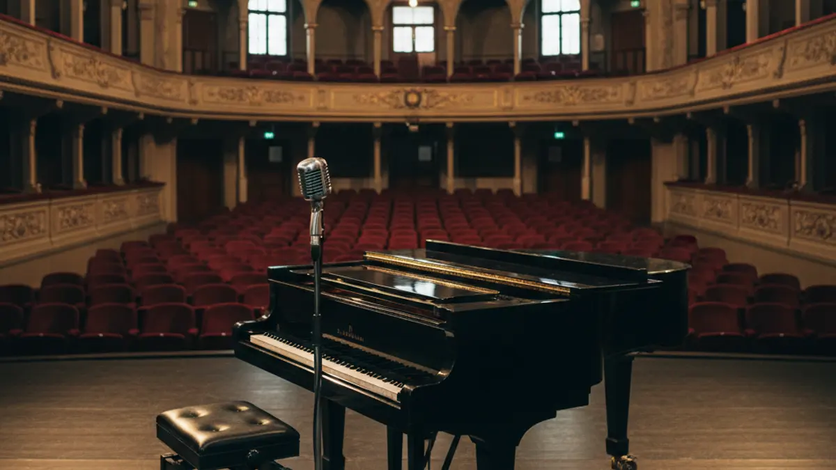 Imatge genèrica d'un piano de cua en un escenari de teatre, amb seients de vellut roig.