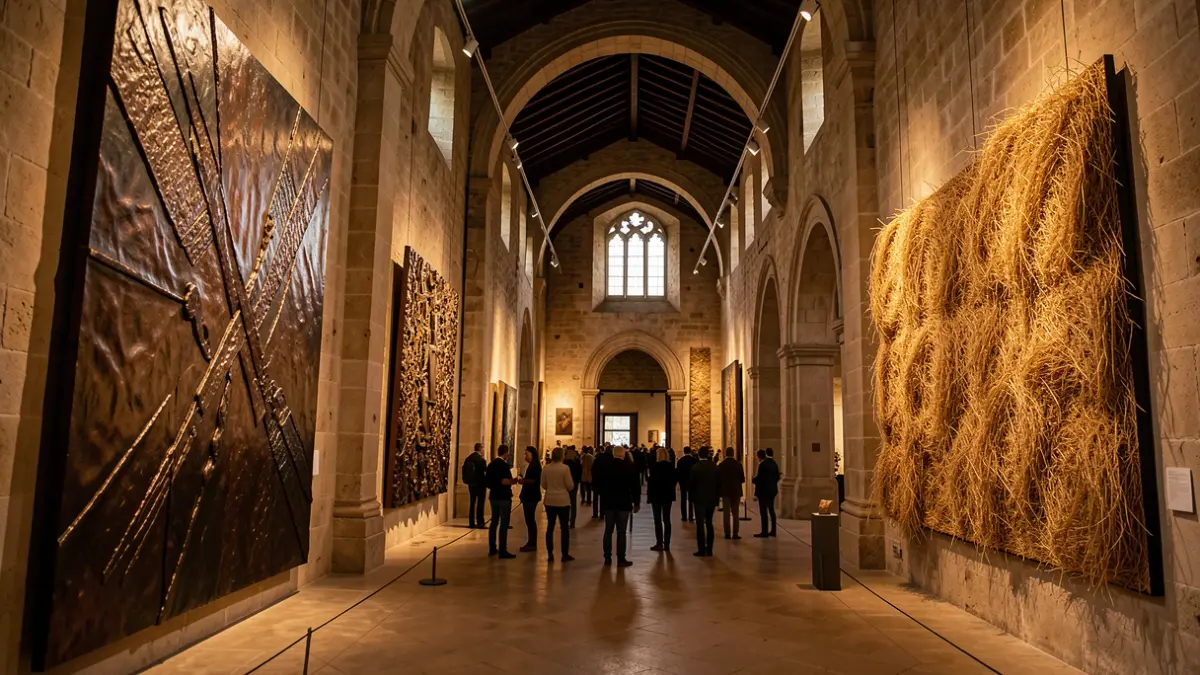 Generic image of a large-scale, textured artwork in a historic space.