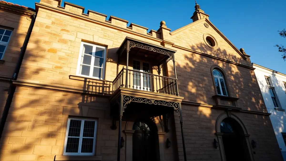 Fachada del Ayuntamiento de València con balcón y barandillas de hierro, bañada por la luz del sol de la tarde.