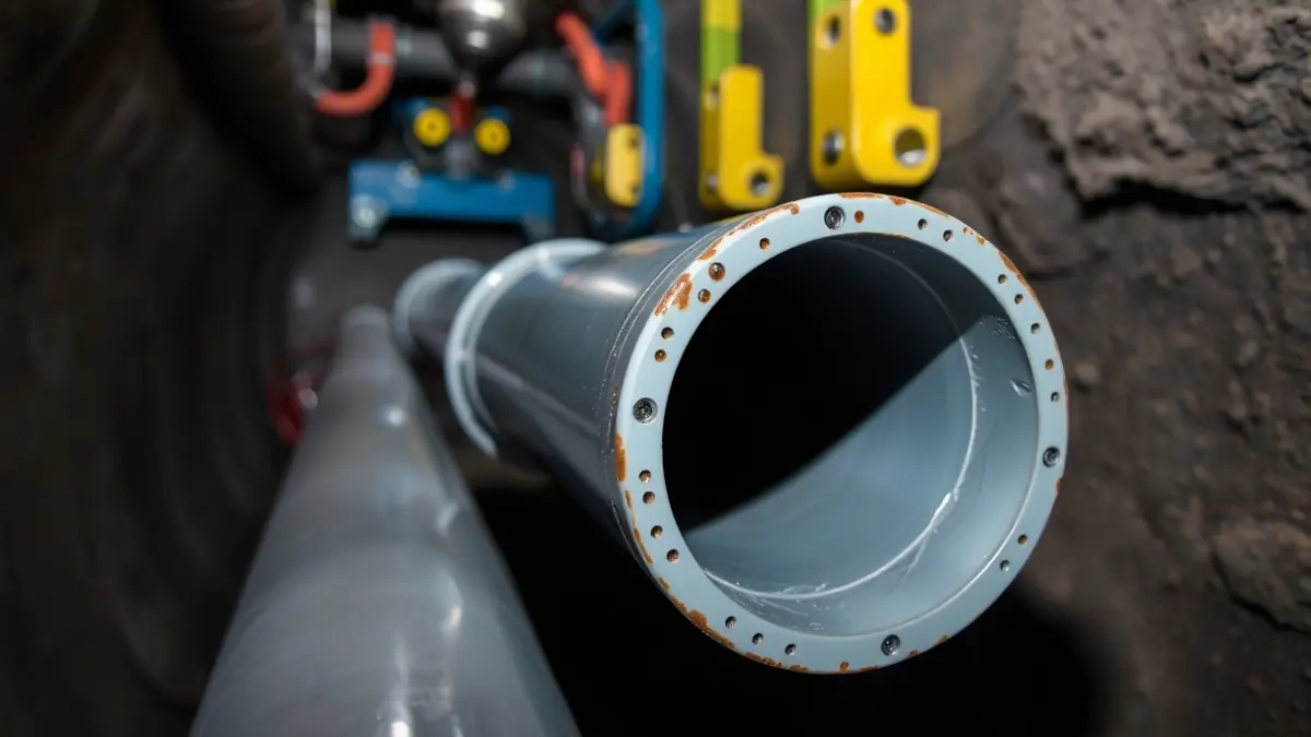 Image of a polyethylene pipe being installed in a confined space, with visible safety equipment.