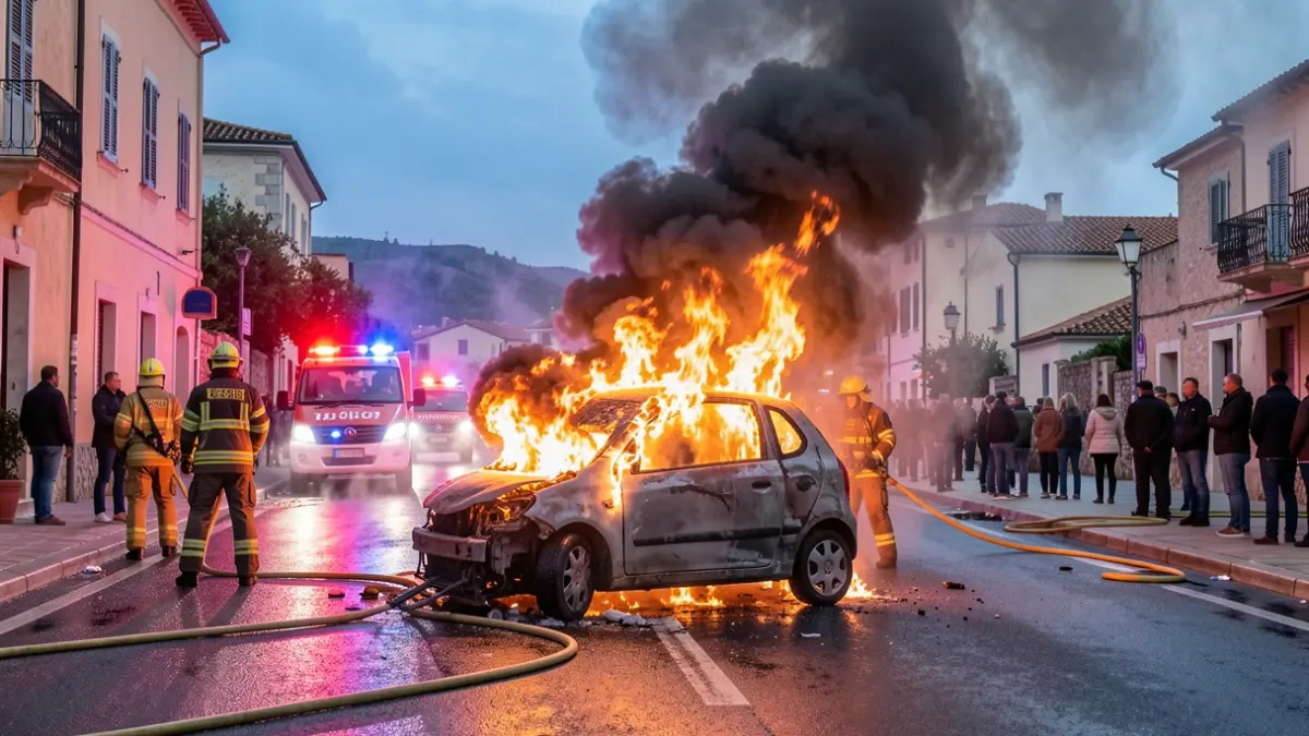 Imatge d'un cotxe en flames en una zona urbana amb fum i llums d'emergència.