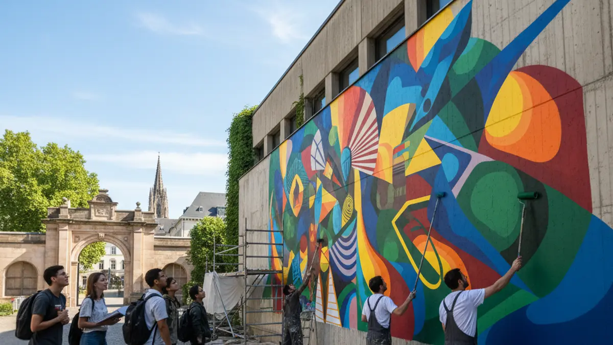 Image of a vibrant mural being painted on a large concrete wall in an urban university campus.