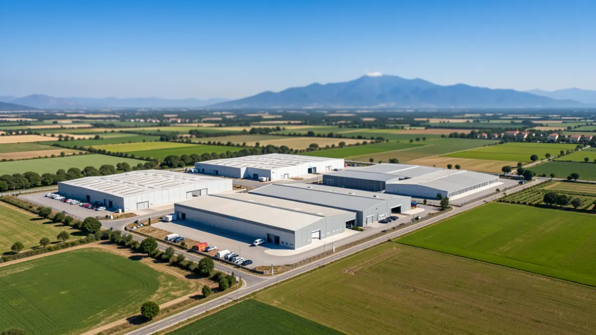 Imatge genèrica d'un polígon industrial en un paisatge mediterrani.