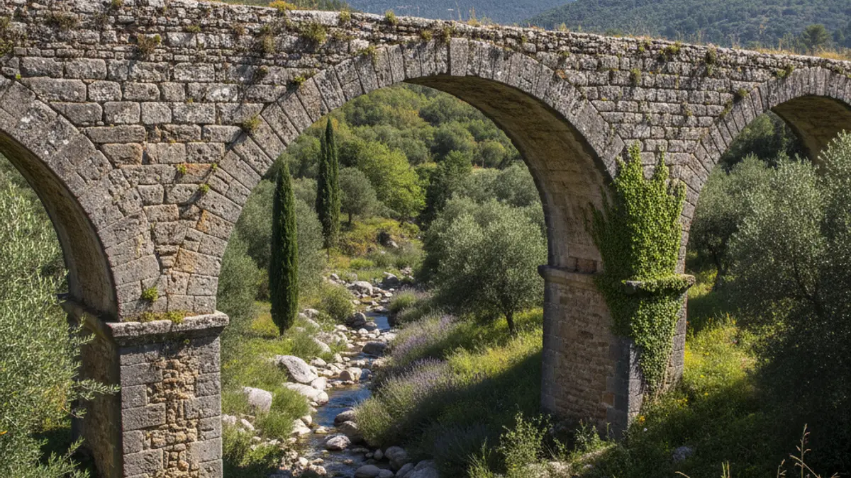 Imatge d'un antic aqüeducte de pedra en un paisatge natural, amb arcs i vegetació.