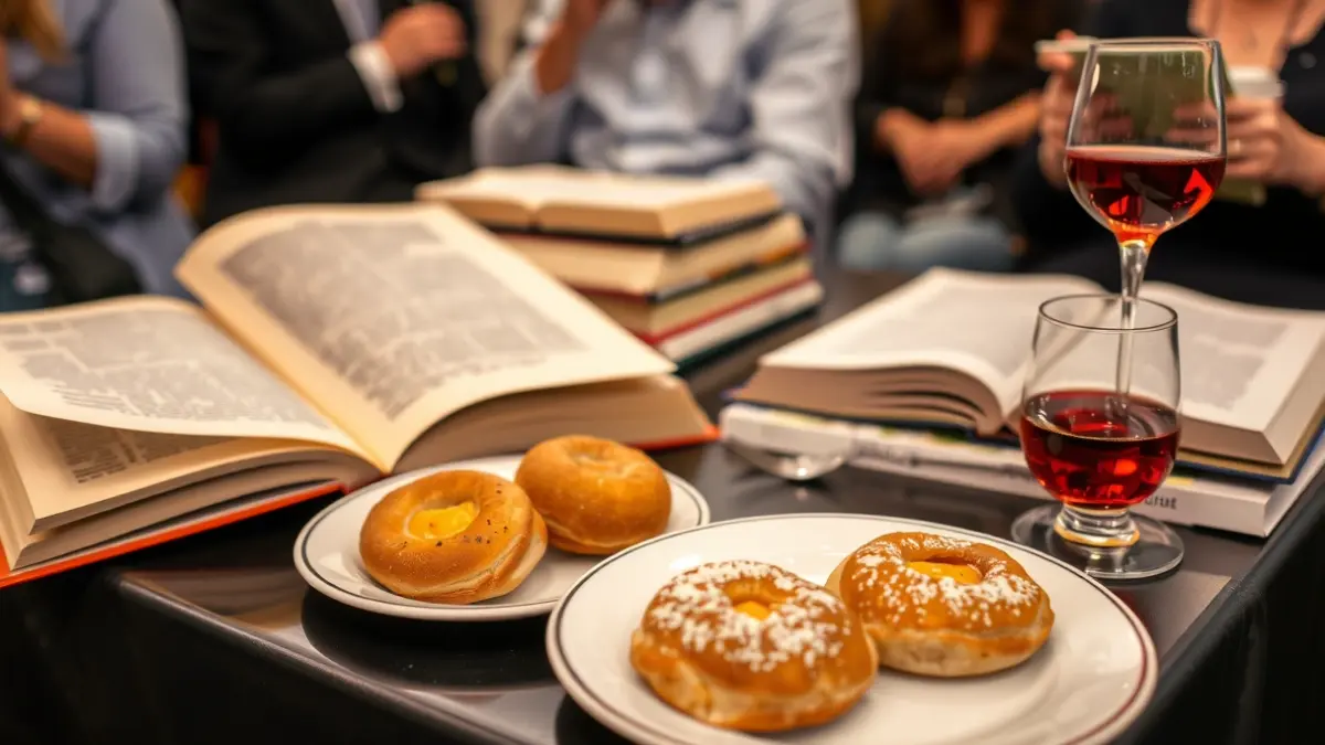 Imatge d'una taula amb llibres, coca en tonyina, coca d'ametla i vermut en un esdeveniment cultural.
