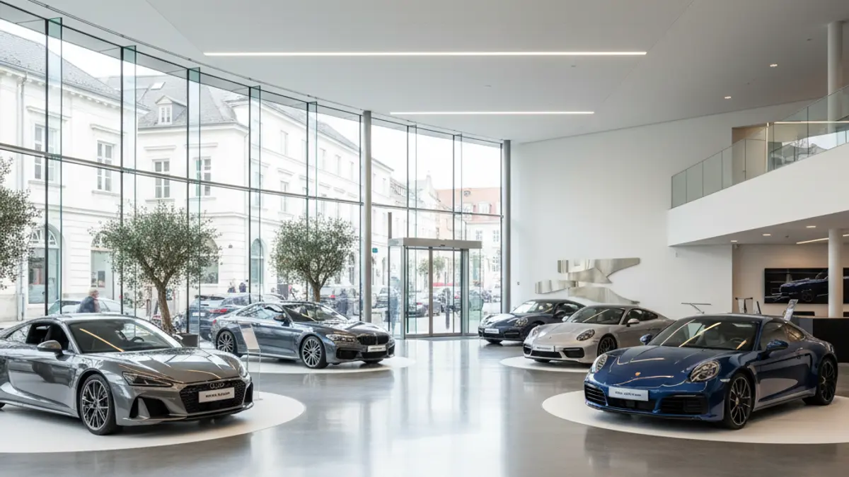 Imagen genérica de un concesionario de automóviles moderno con vehículos nuevos expuestos.