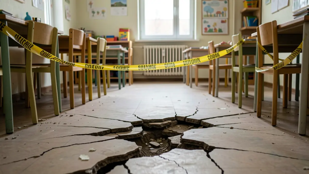 Imagen genérica de un suelo hundiéndose en un aula infantil con cinta de precinto.