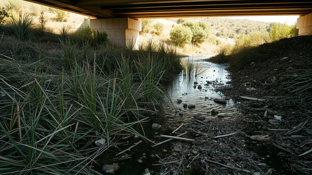 Imatge d'un barranc amb vegetació excessiva i canyes, amb un pont al fons, en un dia assolellat.