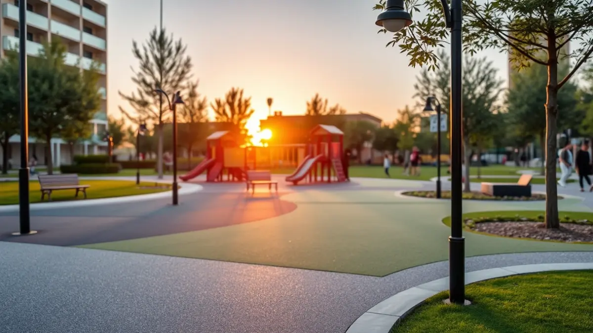 Image of a modernized urban park in a Mediterranean city, with safe play areas and LED lighting.