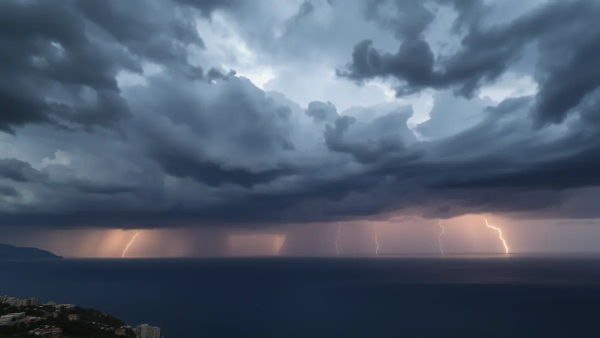 Imagen genérica de nubes de tormenta sobre una costa mediterránea con lluvia intensa.