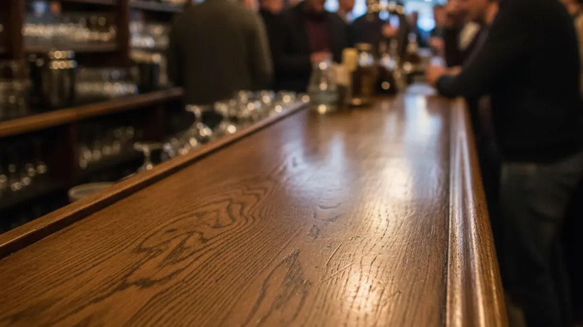 Generic image of a traditional dark wood bar counter, with blurred bottles and glasses in the background.
