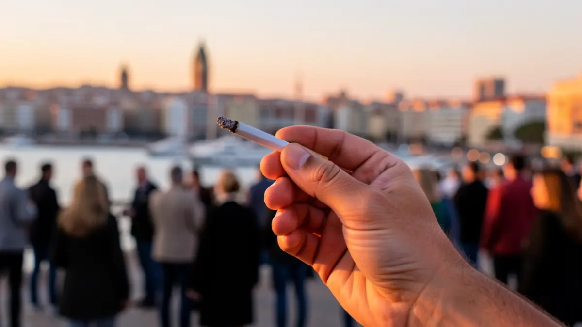 Imatge genèrica d'un fumador que celebra dos anys sense tabac, amb el perfil d'Alacant al fons.