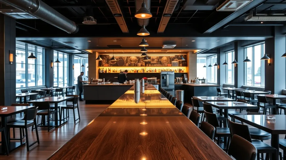 Generic image of a modern bar counter with high tables and an open kitchen.