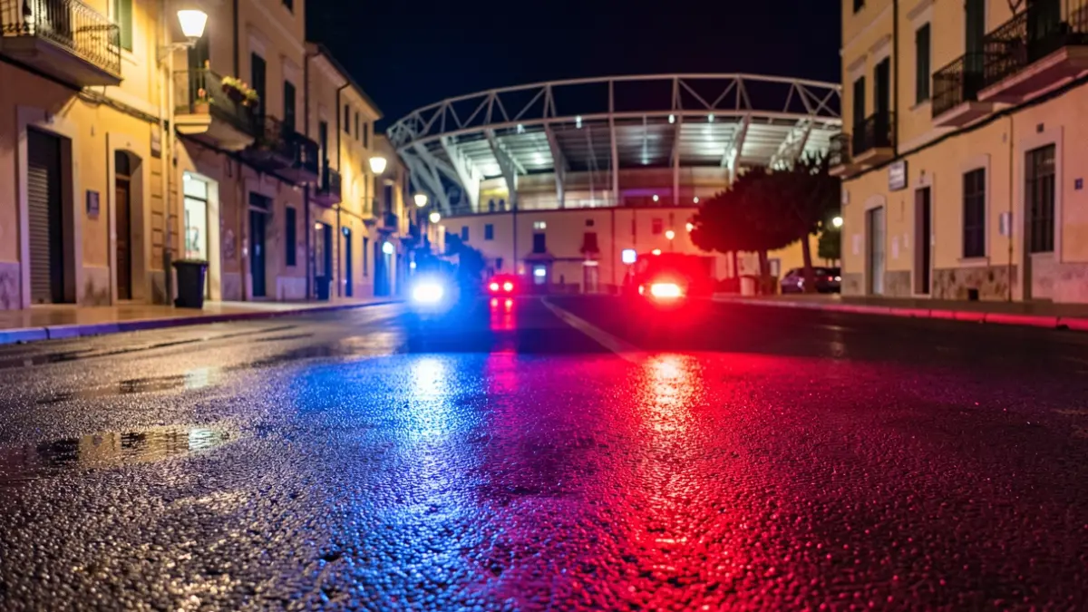 Imatge genèrica de llums d'emergència policials reflectint-se en asfalt mullat a la nit.