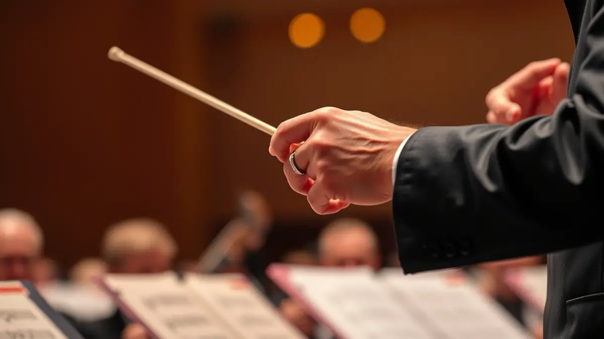 Generic image of a conductor's hands with a baton, blurred musical scores in the background, and warm stage lighting.
