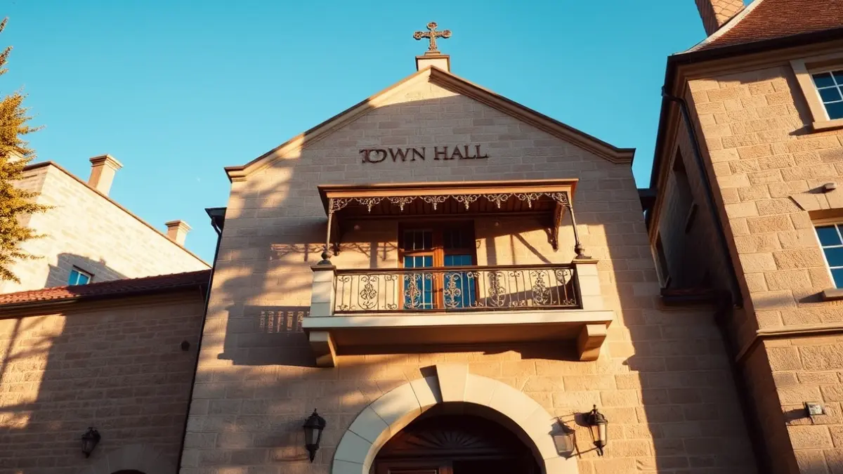 Stone town hall facade with ornate balcony, bathed in warm afternoon sunlight.