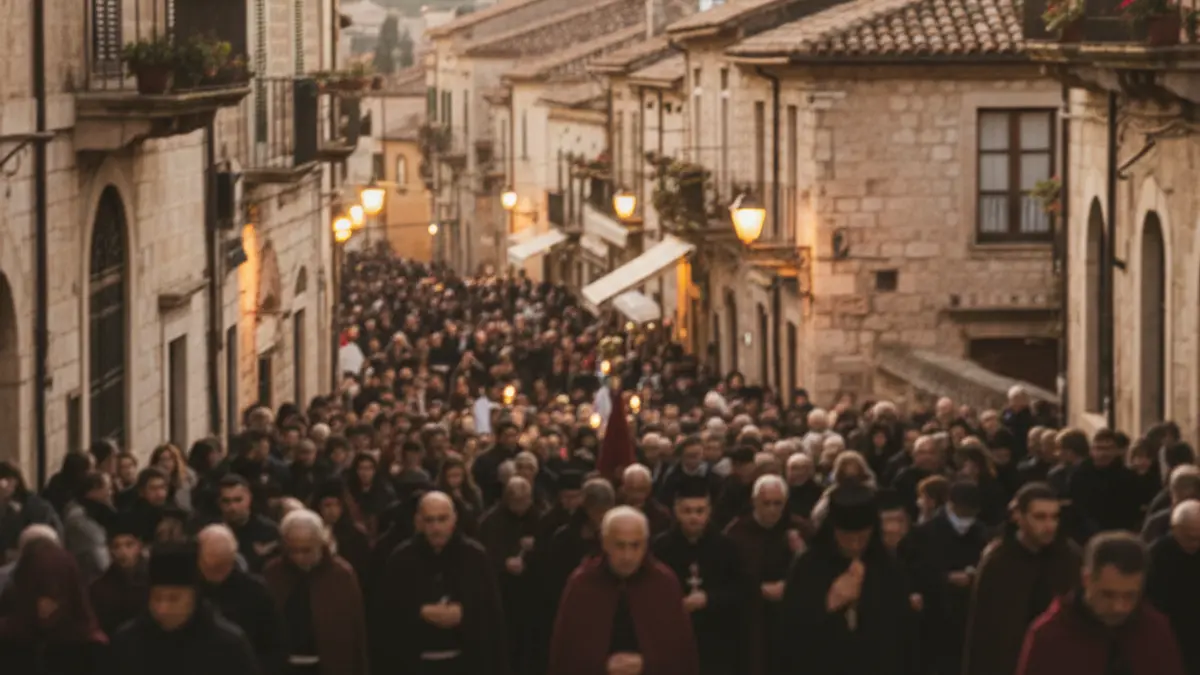 Imatge genèrica d'una multitud en una processó religiosa, amb llums càlides i difuses.