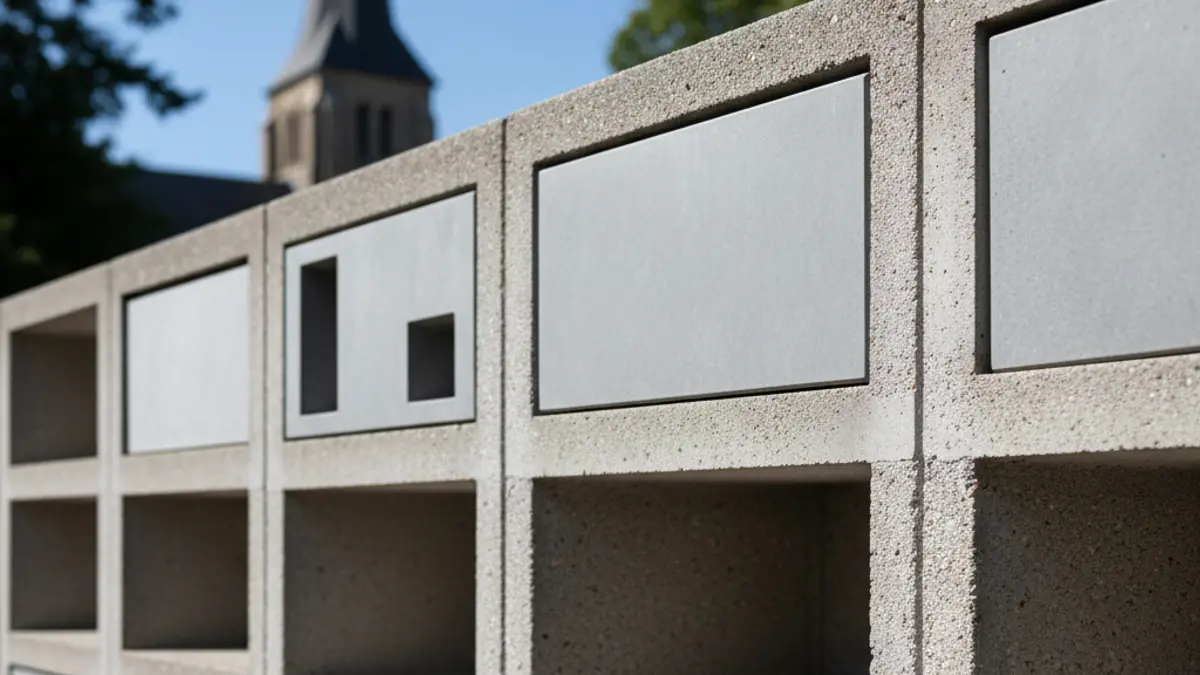 Image of a precast concrete niche wall in a cemetery, with empty and sealed slots, under a clear sky.