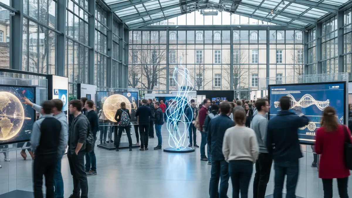 Generic image of a science exhibition space with interactive displays and blurred people.