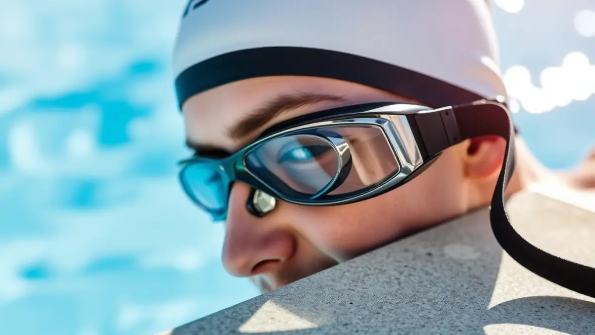 Generic image of a swimmer's goggles and cap on the edge of a pool, with blurred blue water in the background.