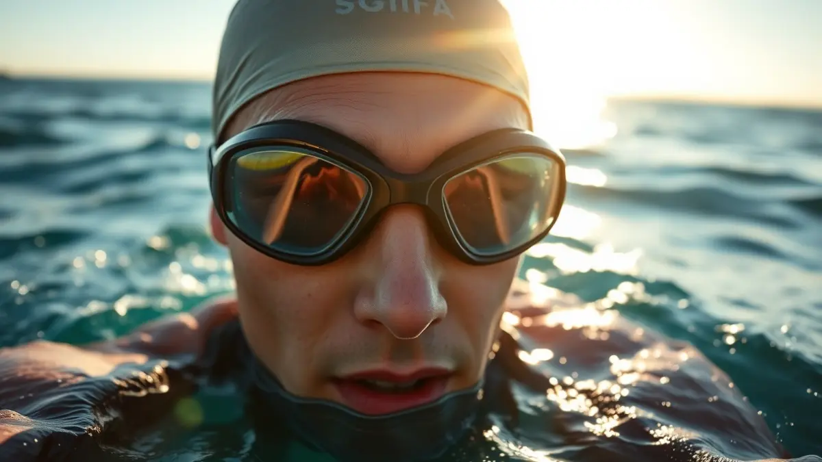 Generic image of open water swimmer's goggles and cap, with blurred waves in the background.