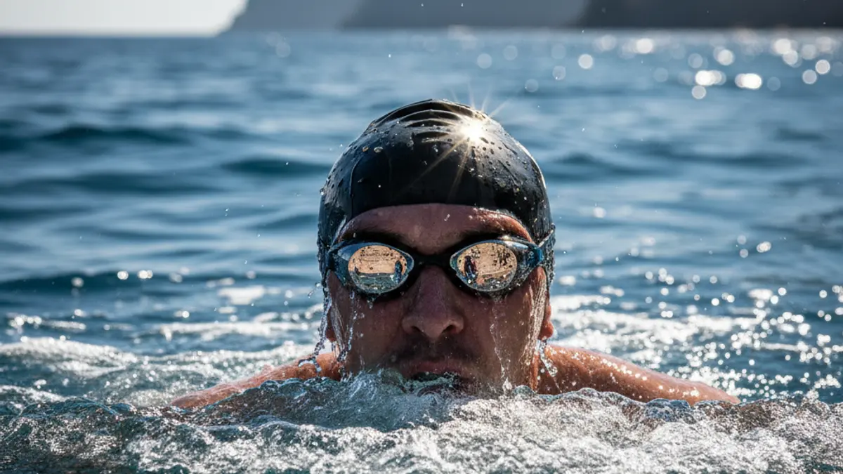 Generic image of a swimmer emerging from the water with goggles, with the sun reflecting and the blurred ocean in the background.