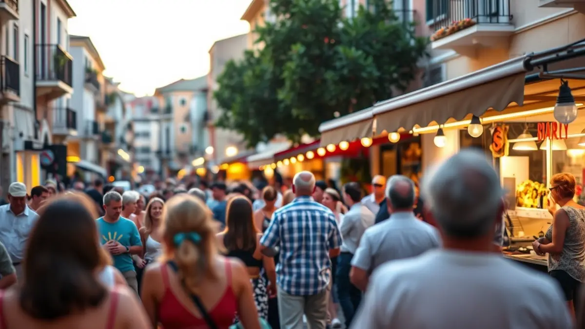 Imatge d'ambient festiu en un carrer mediterrani amb música i gastronomia.