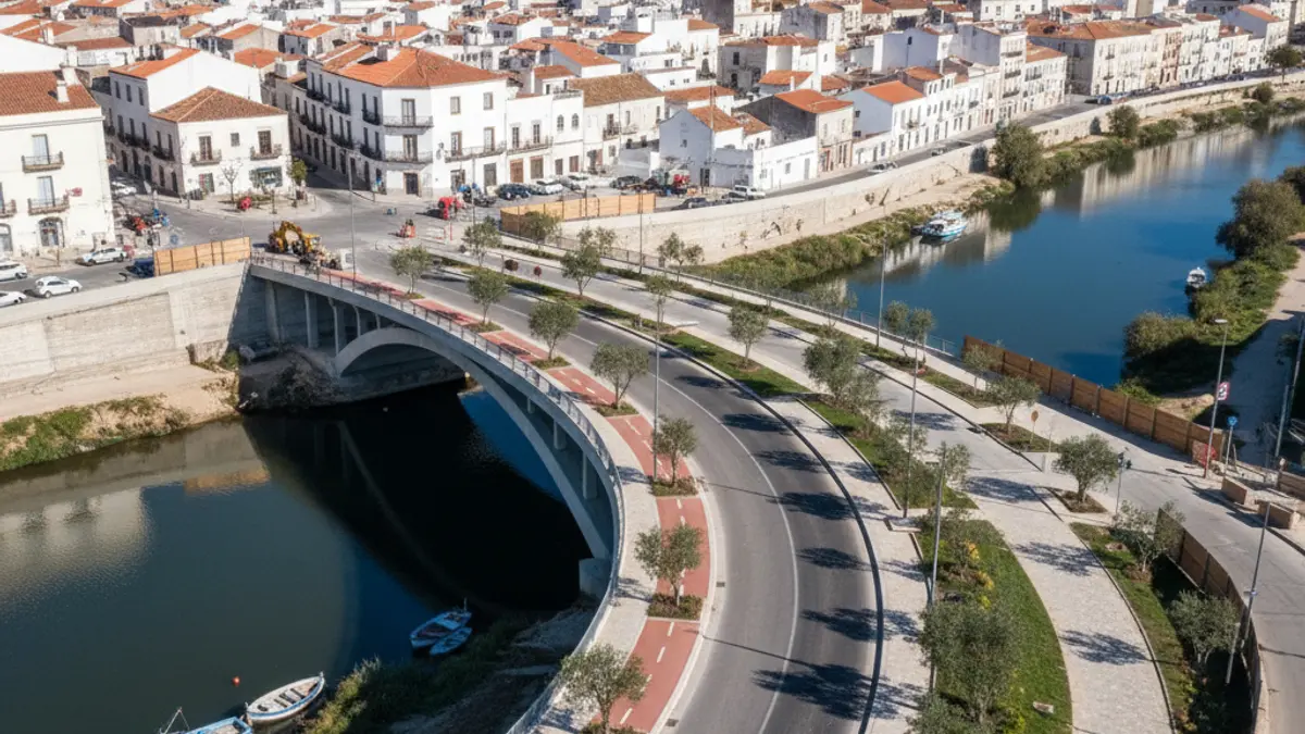 Aerial image of an urban road under construction with a new bridge, bike lanes, and green areas, with Mediterranean architecture in the background.