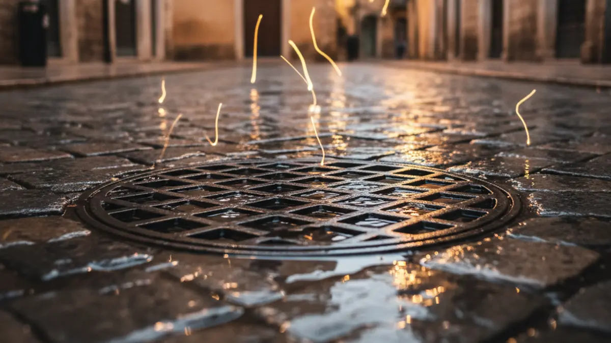 Generic image of a storm drain grate on a wet street, with blurred reflections of buildings and streetlights, suggesting recent heavy rain in a Mediterranean town.