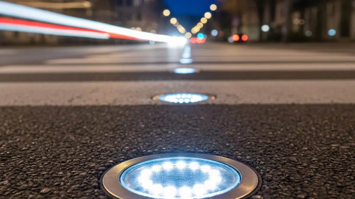 Generic image of a luminous solar road stud on a pedestrian crossing at night, enhancing visibility.