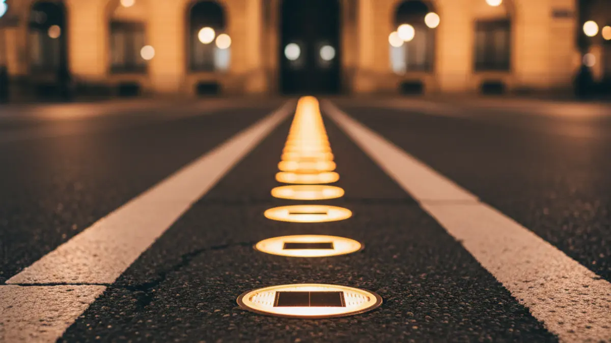 Generic image of solar road studs at a pedestrian crossing at night, with blurred lights in the background.