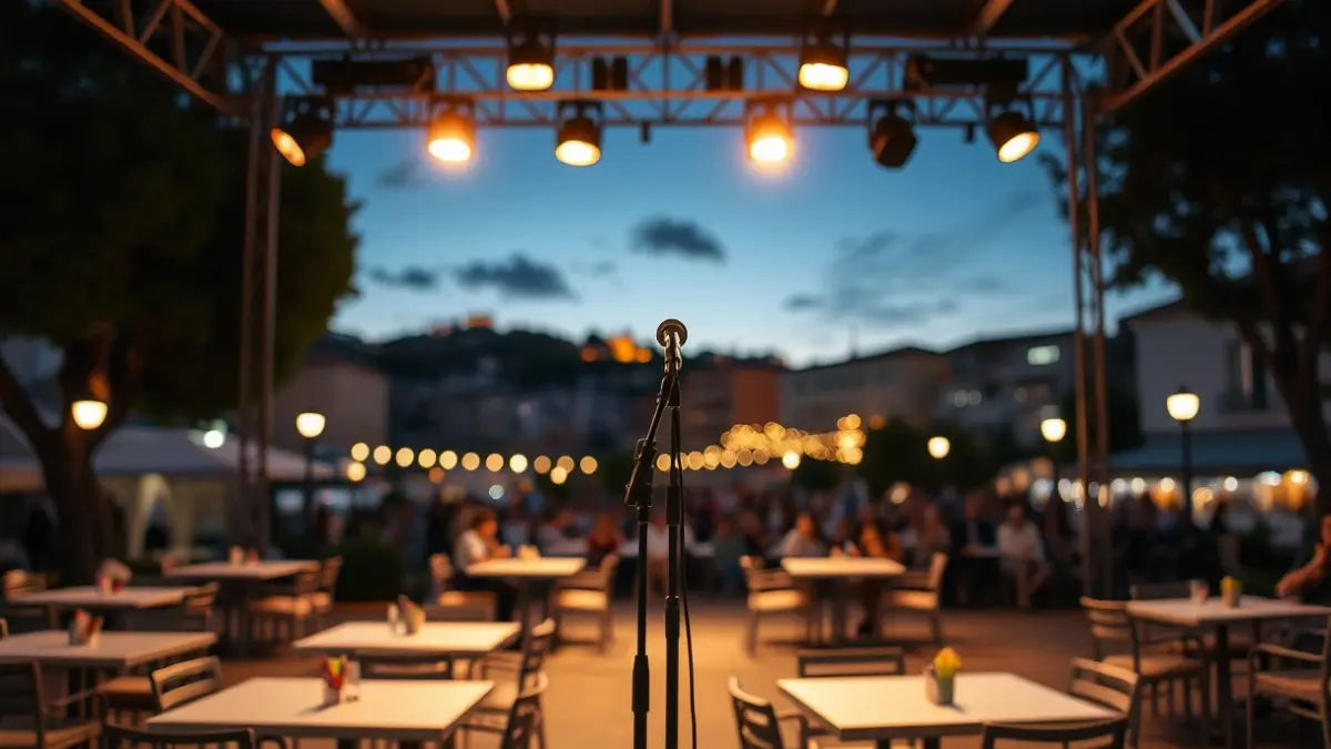 Image of an outdoor stage with a microphone, set up for a comedy show in a Mediterranean city.