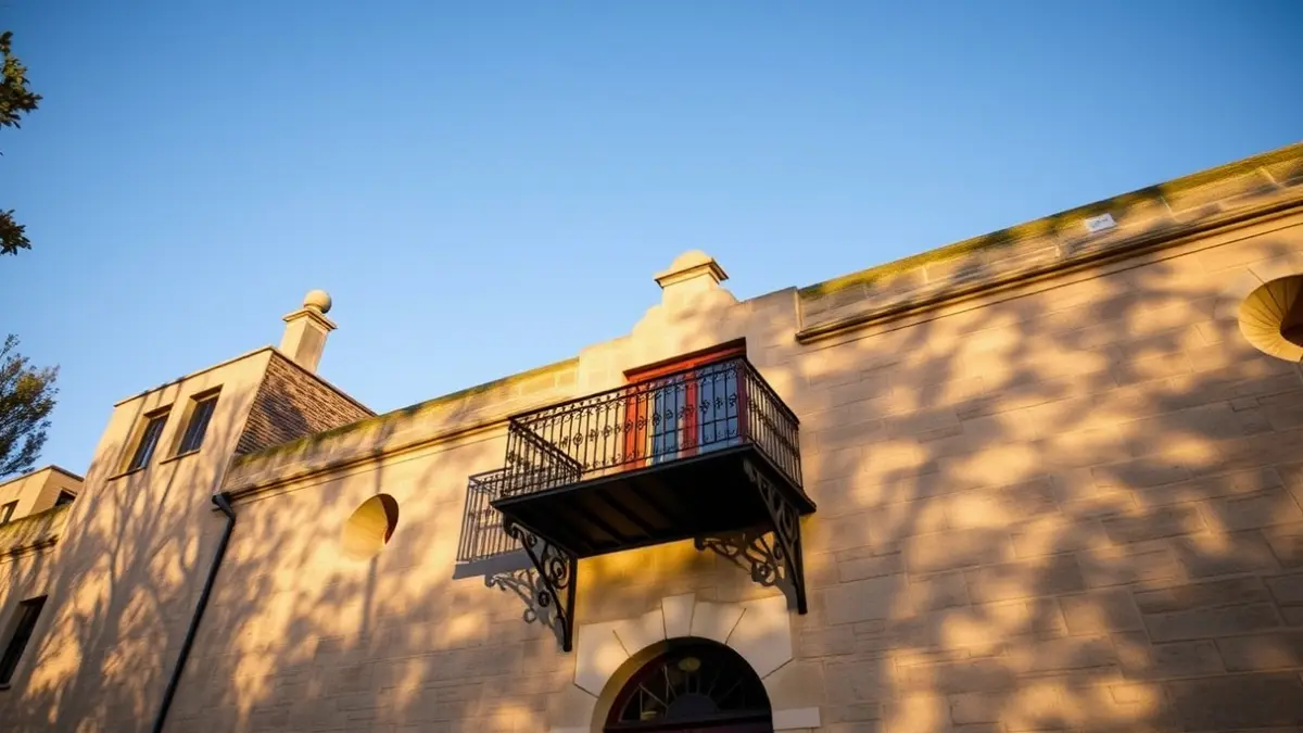 Facade of Benidorm's town hall with balconies and iron railings, bathed in afternoon sunlight.