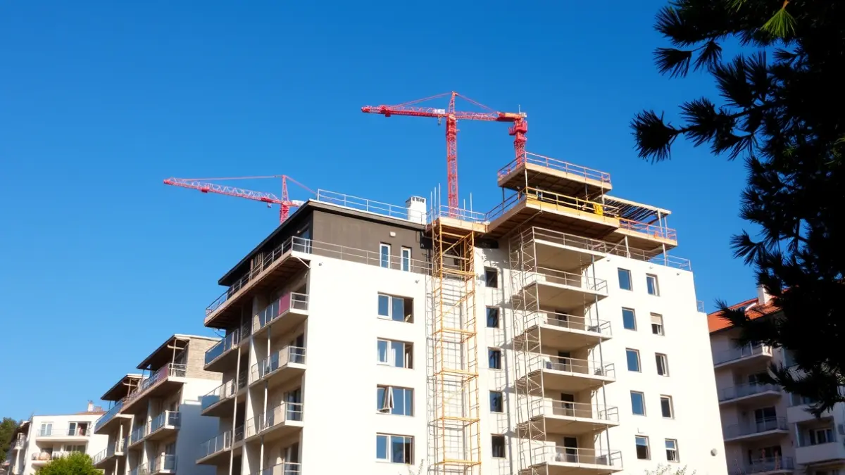 Imagen de un edificio residencial en construcción en una ciudad mediterránea, con andamios y grúas, bajo un cielo azul claro.