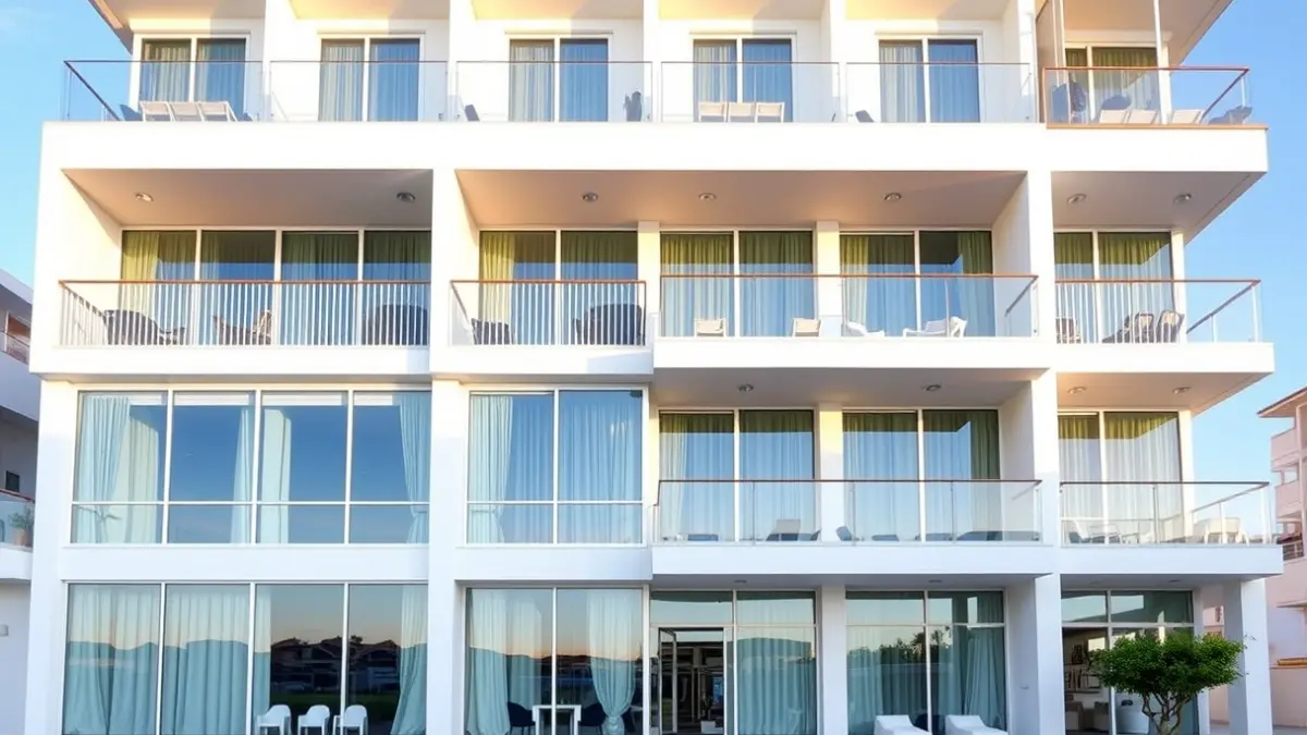 Image of a modern hotel with a renovated facade in a coastal area of the Valencian Community.