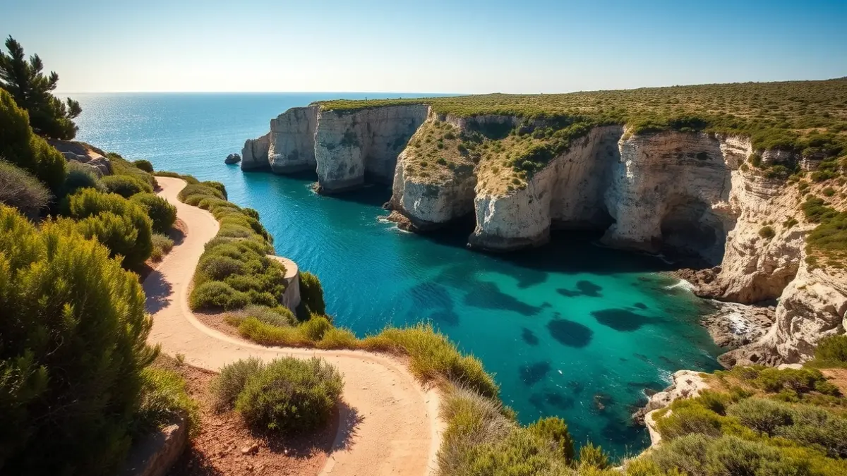 Image of a coastal green path in Marina Alta, with cliffs and turquoise Mediterranean water.