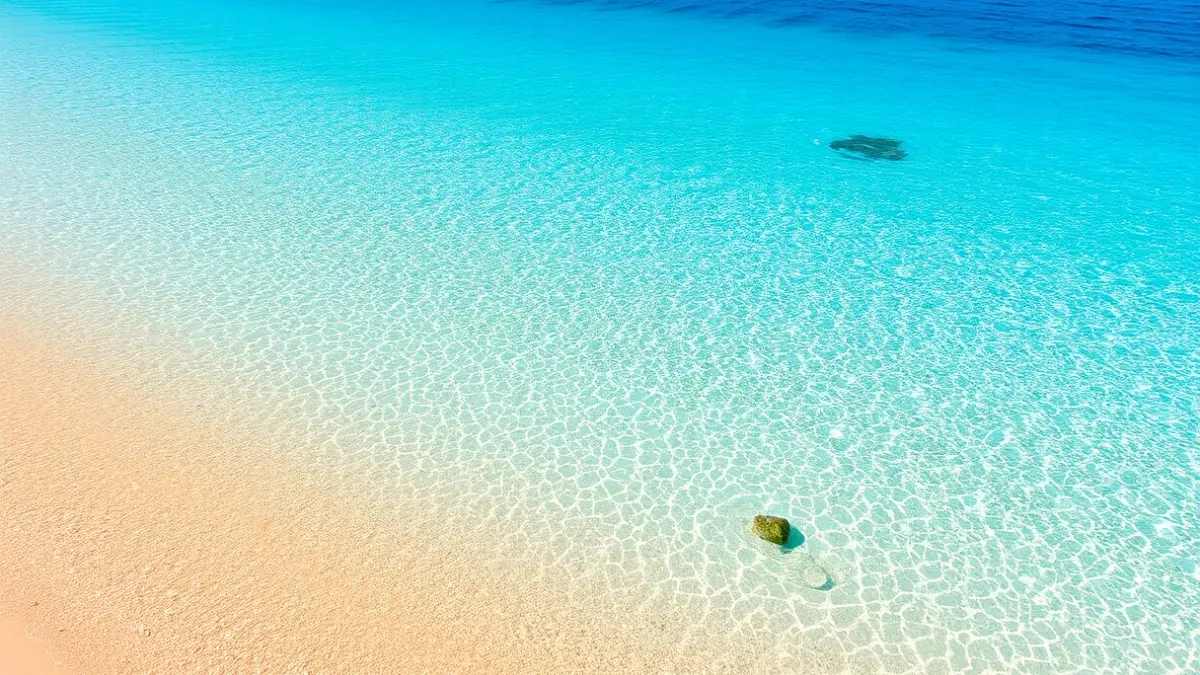Generic image of a Mediterranean beach with clear water and golden sand, no people.