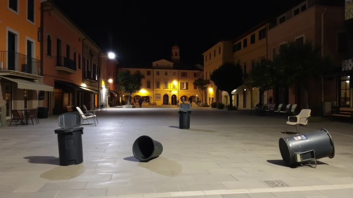 Image of an empty town square in a Mediterranean village at night, with scattered chairs and overturned trash bins, reflecting disorder.