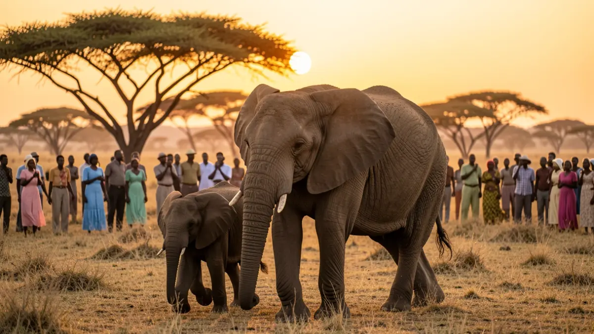 Generic image of an elephant and its calf in an African savanna at sunset.
