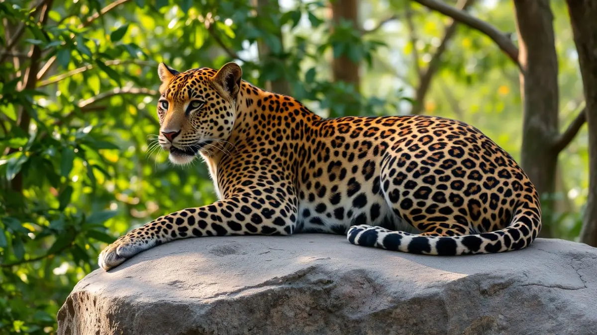 Image of a Sri Lankan leopard in its natural habitat, with its spotted and elegant coat, resting on a rock.