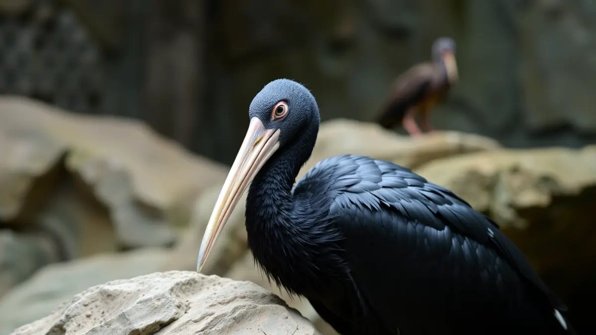 Imatge d'un ibis eremita, una au exòtica amb plomatge negre i bec corbat, en el seu hàbitat simulat en el Bioparc València.