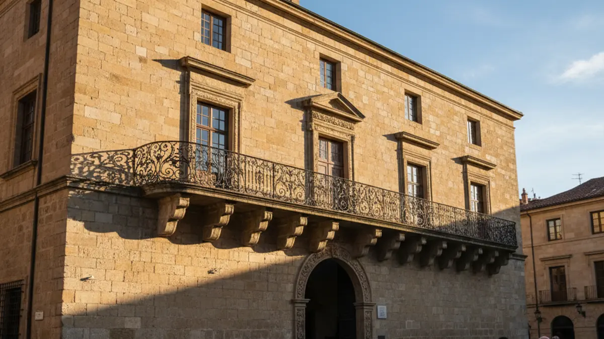Fachada del ayuntamiento de Bocairent con balcones de hierro forjado y luz solar cálida.