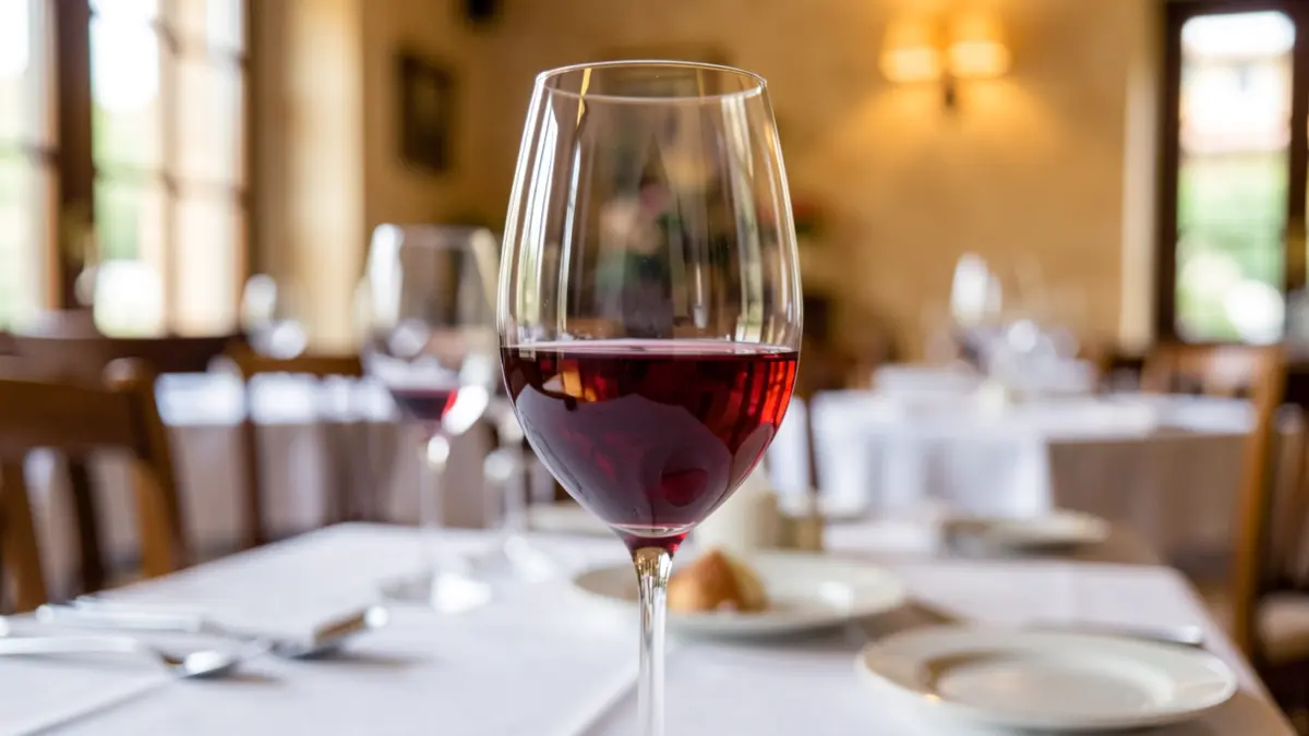 Generic image of a red wine glass in a restaurant setting.