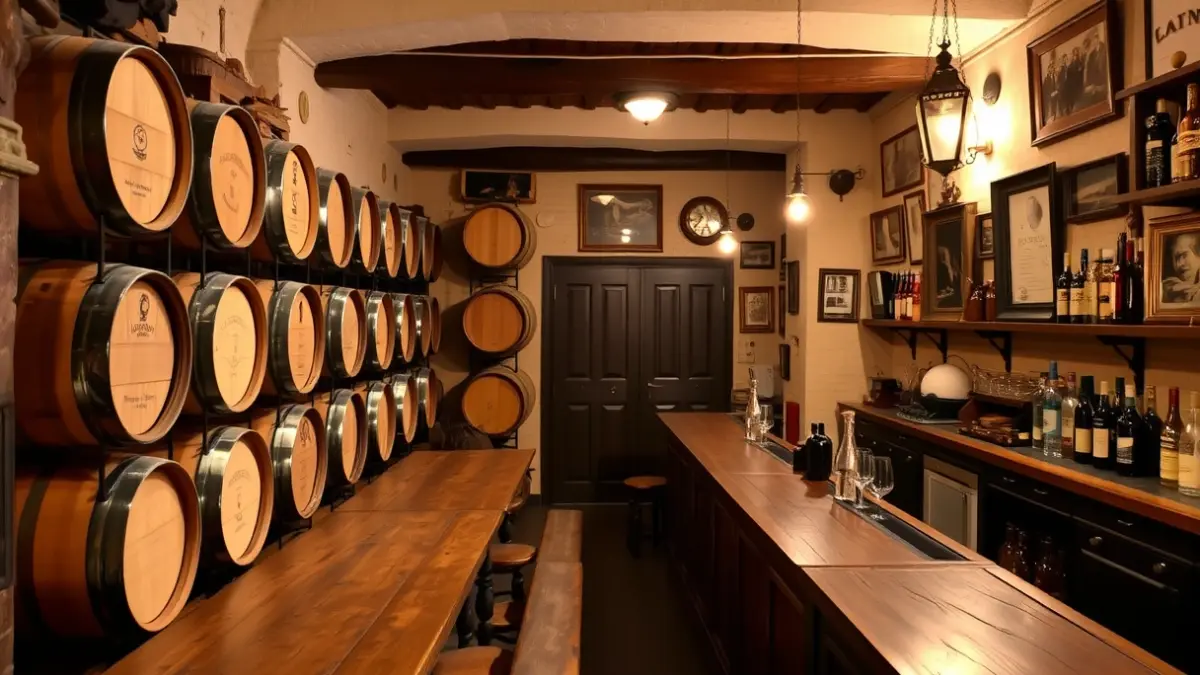 Imatge de l'interior d'una bodega tradicional amb barrils de fusta i una barra, amb una atmosfera càlida i acollidora.