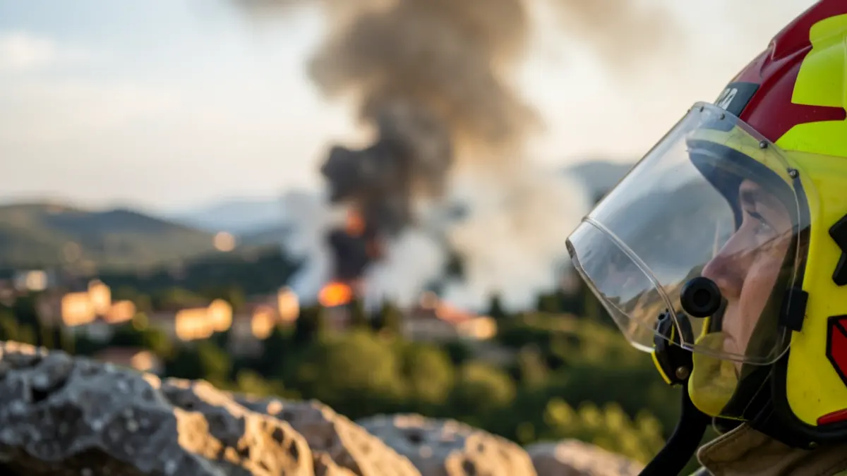 Generic image of a firefighter's helmet with a blurred Mediterranean landscape in the background.